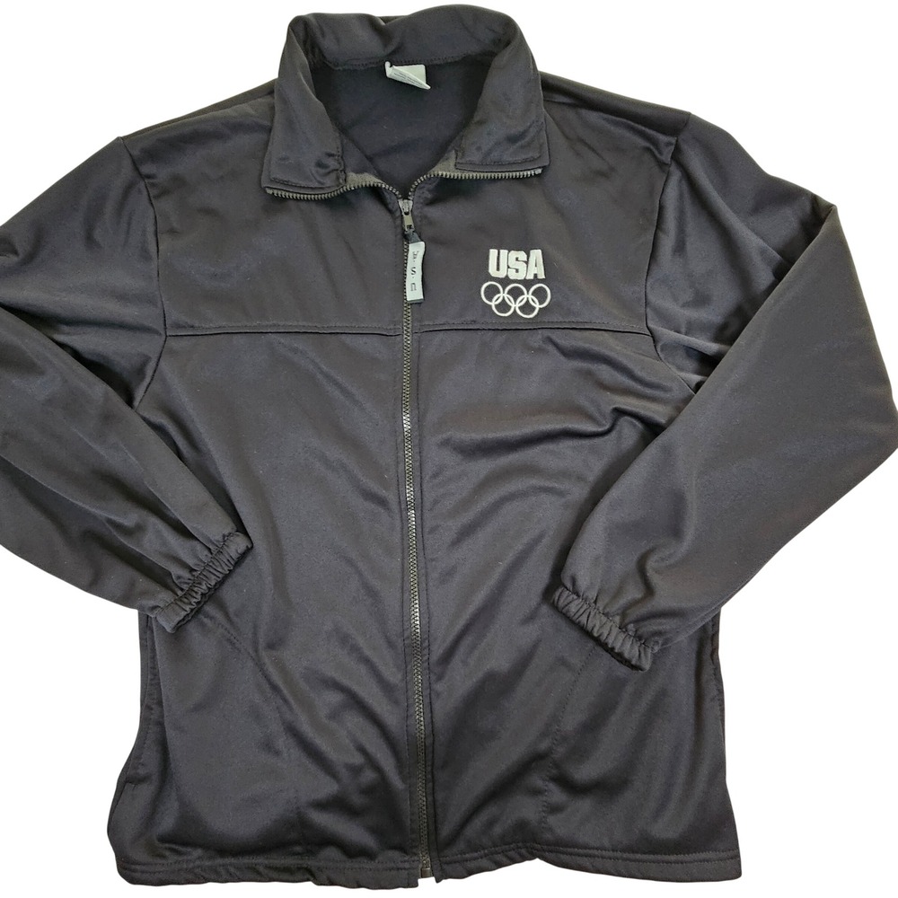 Vintage USA Olympic Committee Track Jacket Mens Large Black Full Zip Made in USA